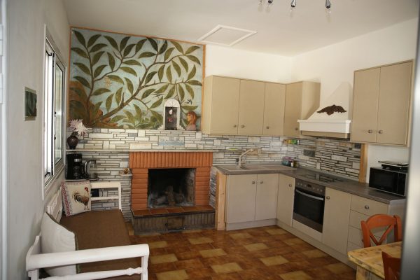 Hidden Gem Kefalonia (House Rental) a kitchen with a fireplace and a painting on the wall